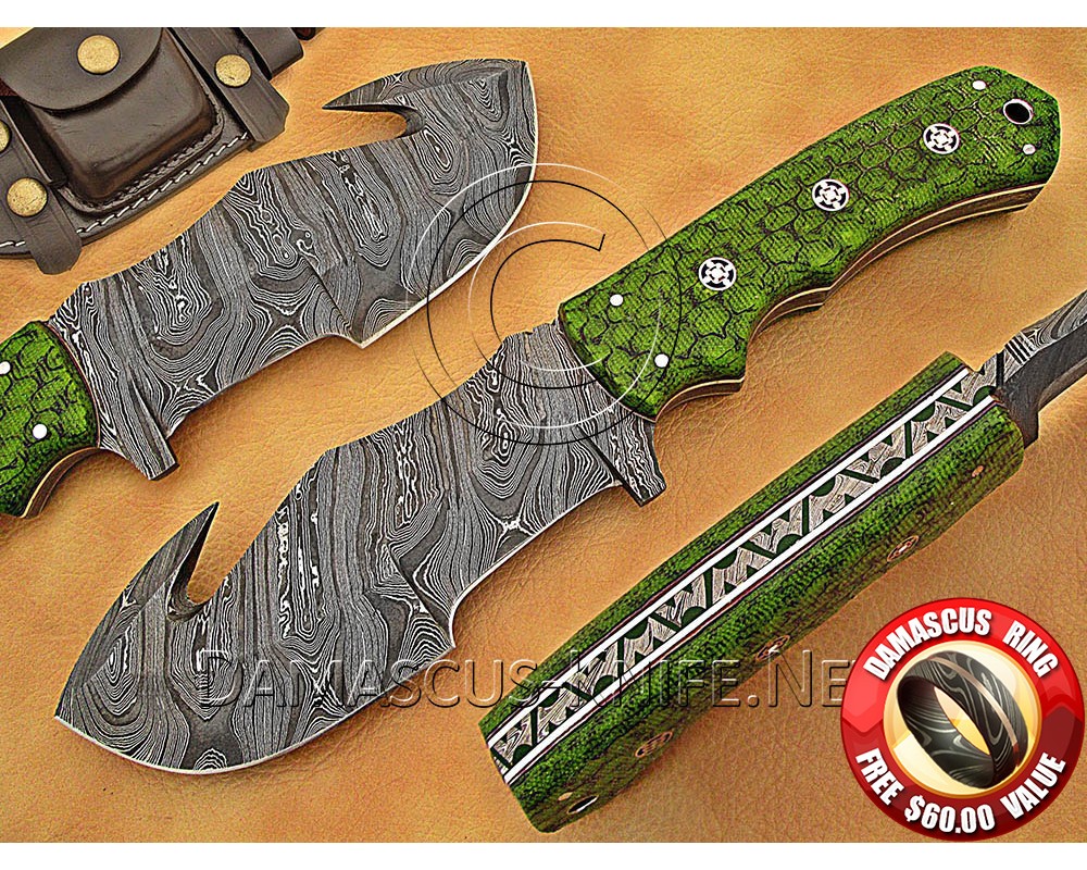 Personalized Handmade Damascus Steel Gut Hook Arts and Crafts Hunting and Survival Tracker Knife G10 Micarta Handle - DTK1013