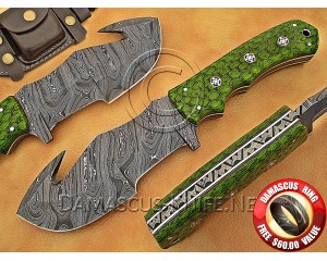 Personalized Handmade Damascus Steel Gut Hook Arts and Crafts Hunting and Survival Tracker Knife G10 Micarta Handle - DTK1013