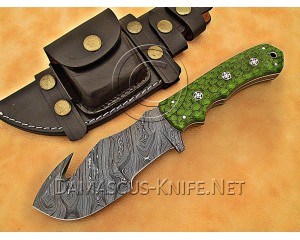 Personalized Handmade Damascus Steel Gut Hook Arts and Crafts Hunting and Survival Tracker Knife G10 Micarta Handle - DTK1013