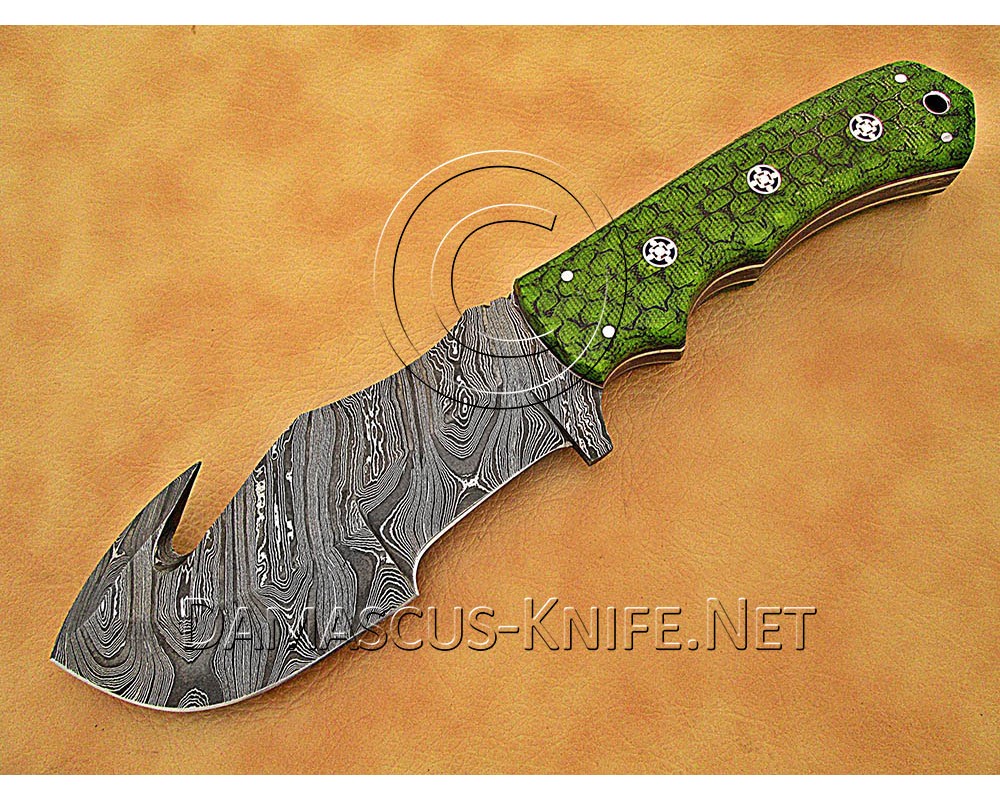 Personalized Handmade Damascus Steel Gut Hook Arts and Crafts Hunting and Survival Tracker Knife G10 Micarta Handle - DTK1013