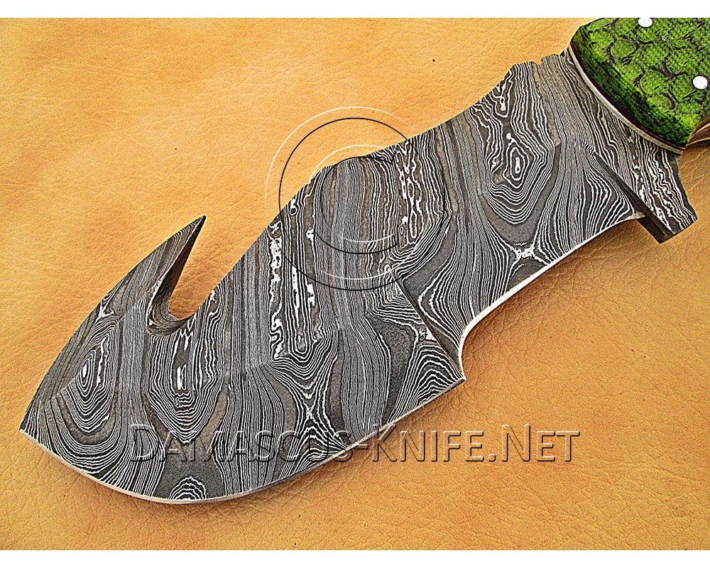 Personalized Handmade Damascus Steel Gut Hook Arts and Crafts Hunting and Survival Tracker Knife G10 Micarta Handle - DTK1013