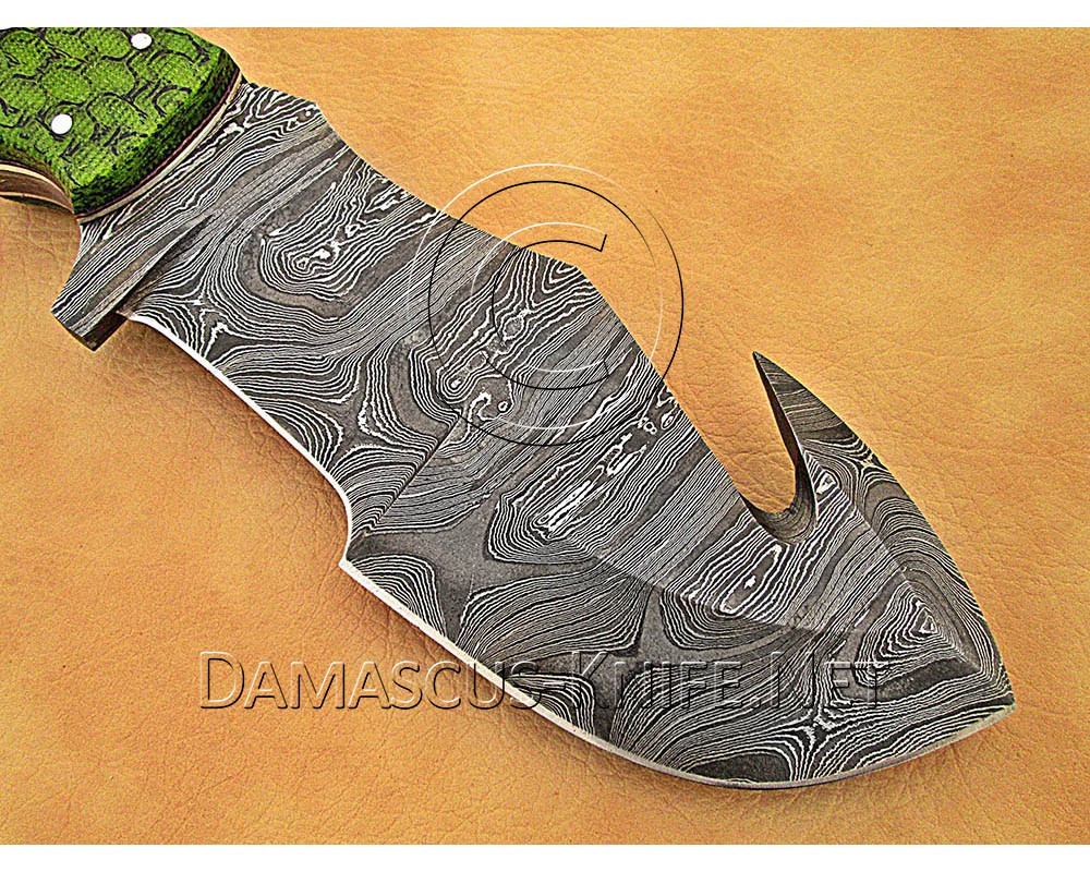 Personalized Handmade Damascus Steel Gut Hook Arts and Crafts Hunting and Survival Tracker Knife G10 Micarta Handle - DTK1013