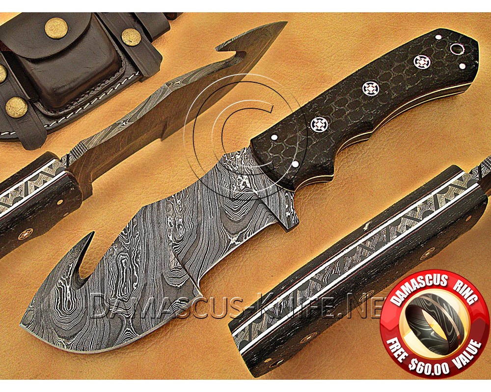 Personalized Handmade Damascus Steel Gut Hook Arts and Crafts Hunting and Survival Tracker Knife G10 Micarta Handle - DTK1014