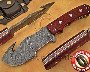 Custom Handmade Damascus Steel Gut Hook Tracker Knife - G10 Micarta Handle - DTK1015