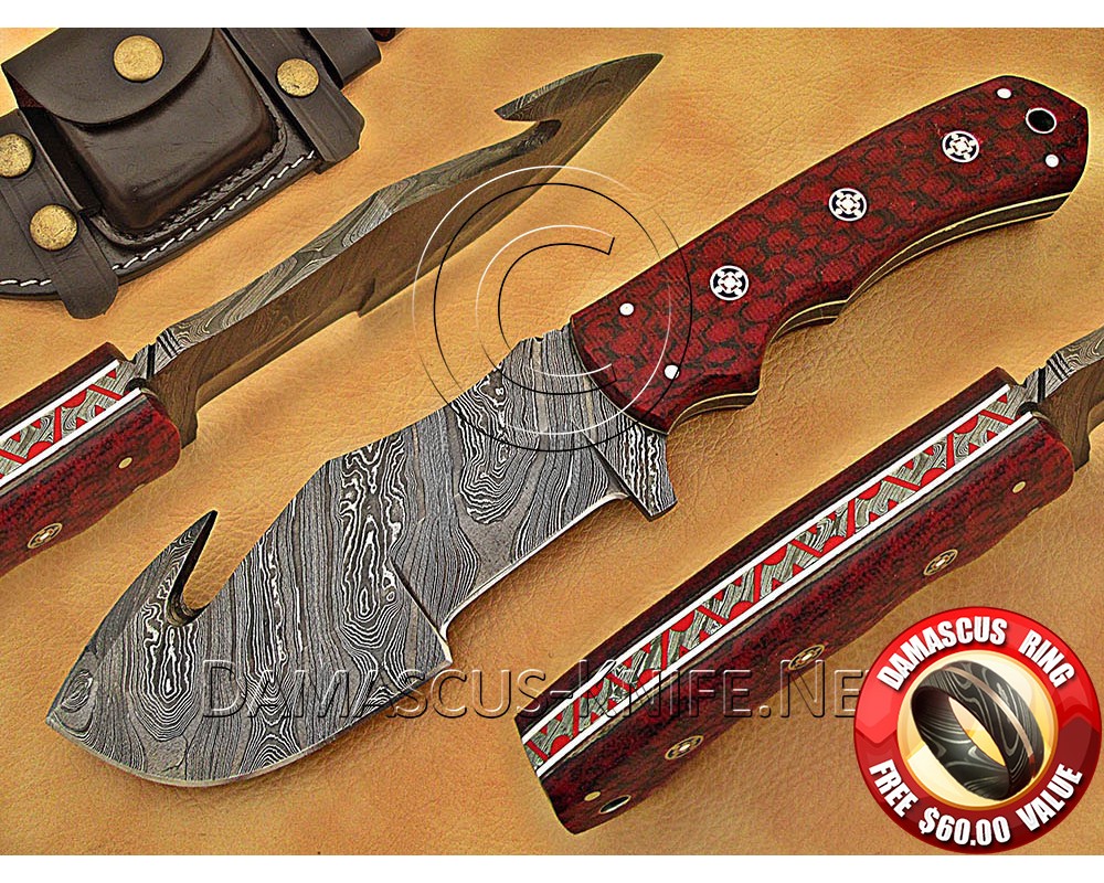 Personalized Handmade Damascus Steel Gut Hook Arts and Crafts Hunting and Survival Tracker Knife G10 Micarta Handle - DTK1015