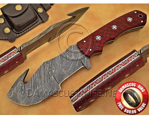 Personalized Handmade Damascus Steel Gut Hook Arts and Crafts Hunting and Survival Tracker Knife G10 Micarta Handle - DTK1015
