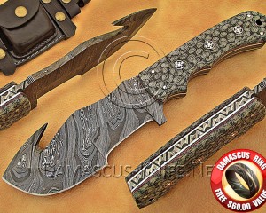 Custom Handmade Damascus Steel Gut Hook Tracker Knife - G10 Micarta Handle - DTK1016