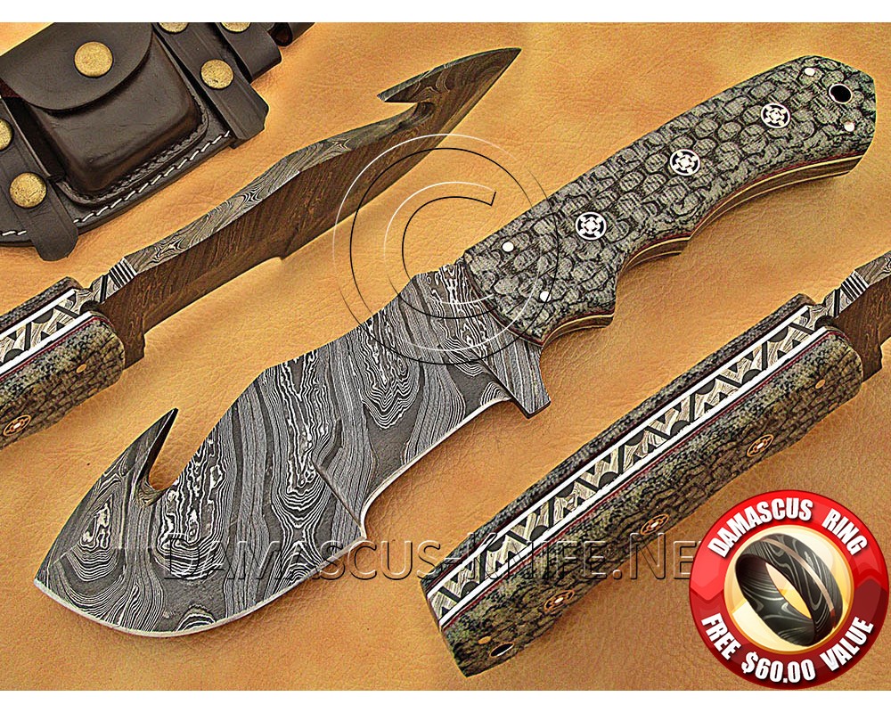 Personalized Handmade Damascus Steel Gut Hook Arts and Crafts Hunting and Survival Tracker Knife G10 Micarta Handle - DTK1016