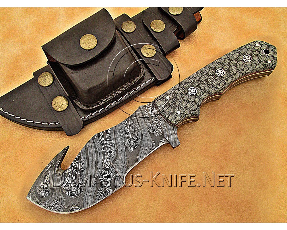 Personalized Handmade Damascus Steel Gut Hook Arts and Crafts Hunting and Survival Tracker Knife G10 Micarta Handle - DTK1016