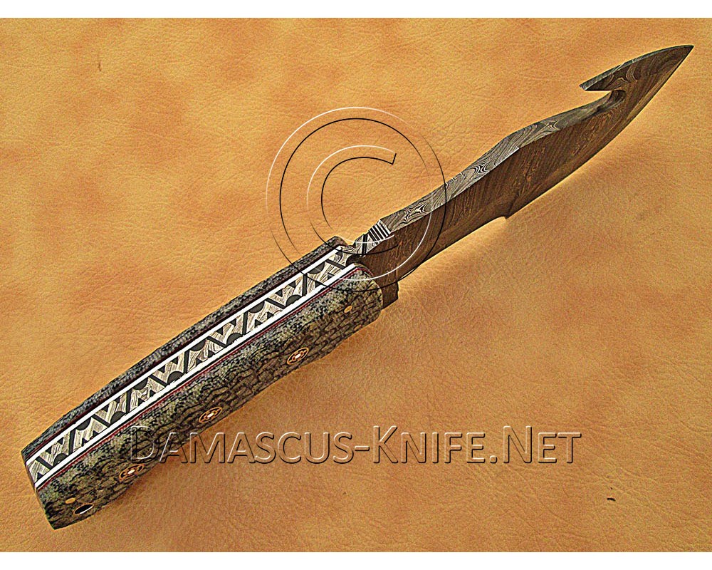 Personalized Handmade Damascus Steel Gut Hook Arts and Crafts Hunting and Survival Tracker Knife G10 Micarta Handle - DTK1016