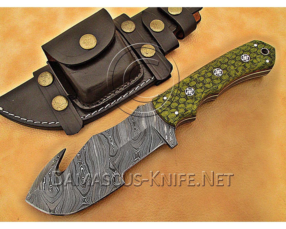 Personalized Handmade Damascus Steel Gut Hook Arts and Crafts Hunting and Survival Tracker Knife G10 Micarta Handle - DTK1017
