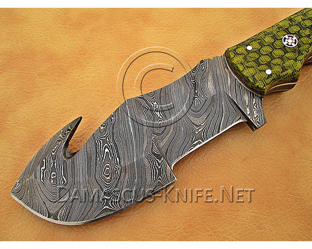 Personalized Handmade Damascus Steel Gut Hook Arts and Crafts Hunting and Survival Tracker Knife G10 Micarta Handle - DTK1017