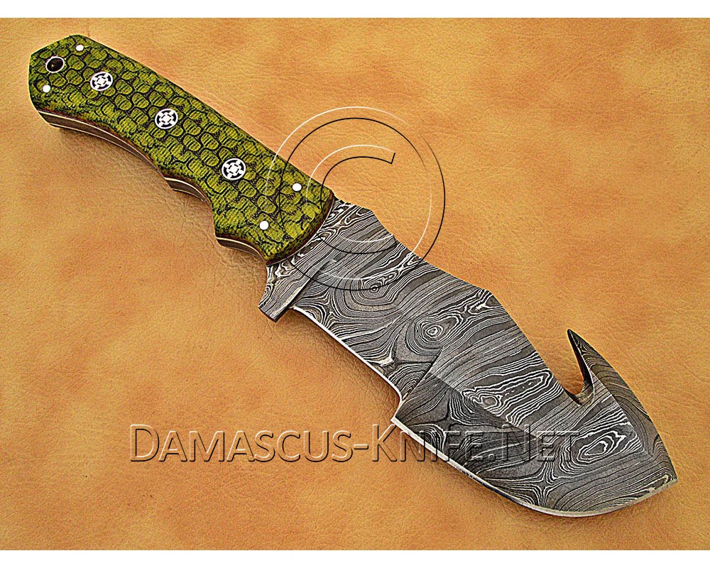 Personalized Handmade Damascus Steel Gut Hook Arts and Crafts Hunting and Survival Tracker Knife G10 Micarta Handle - DTK1017