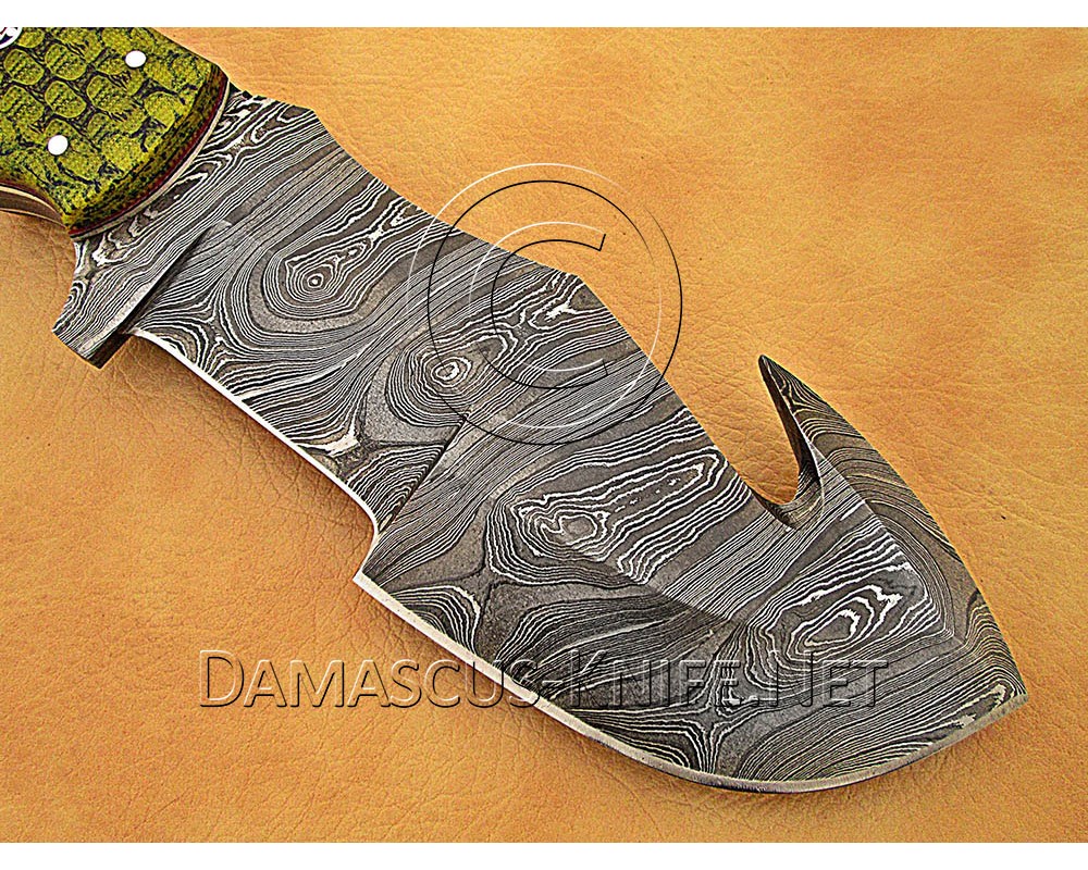 Personalized Handmade Damascus Steel Gut Hook Arts and Crafts Hunting and Survival Tracker Knife G10 Micarta Handle - DTK1017