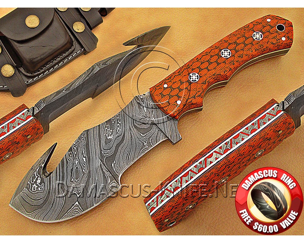 Personalized Handmade Damascus Steel Gut Hook Arts and Crafts Hunting and Survival Tracker Knife G10 Micarta Handle - DTK1018