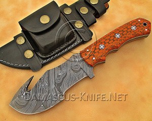 Personalized Handmade Damascus Steel Gut Hook Arts and Crafts Hunting and Survival Tracker Knife G10 Micarta Handle - DTK1018