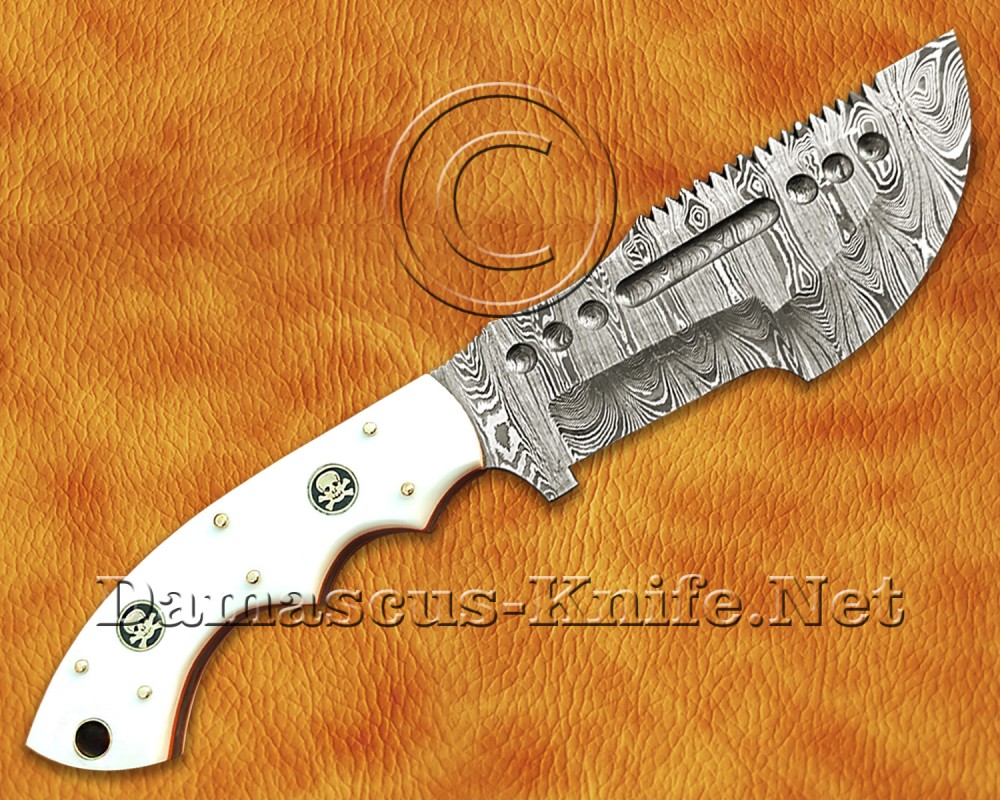 Premium Handcrafted Damascus Steel Tracker Knife Set with White Corian Handle and Brass Rivets