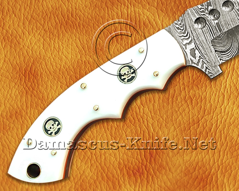 Premium Handcrafted Damascus Steel Tracker Knife Set with White Corian Handle and Brass Rivets