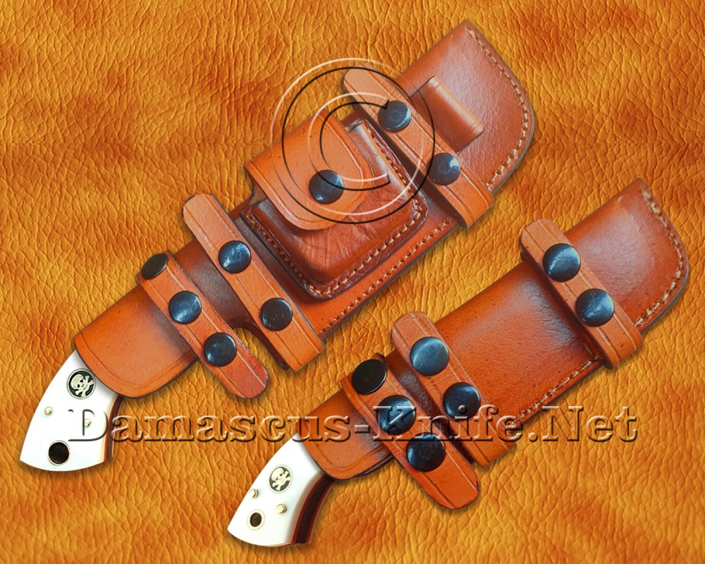 Premium Handcrafted Damascus Steel Tracker Knife Set with White Corian Handle and Brass Rivets