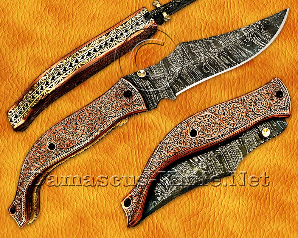 Personalized Hand Engraved Damascus Steel Arts and Crafts Pocket Folding Knife Copper Handle - DFK750