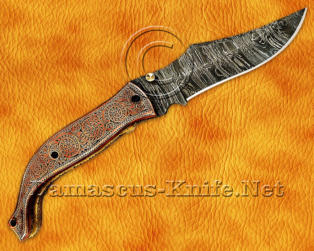 Personalized Hand Engraved Damascus Steel Arts and Crafts Pocket Folding Knife Copper Handle - DFK750 Personalized Hand Engraved Damascus Steel Arts and Crafts Pocket Folding Knife Copper Handle - DFK750
