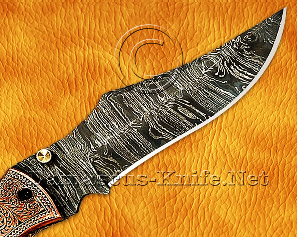 Personalized Engraved Damascus Folding Knife - Copper Handle - FK750