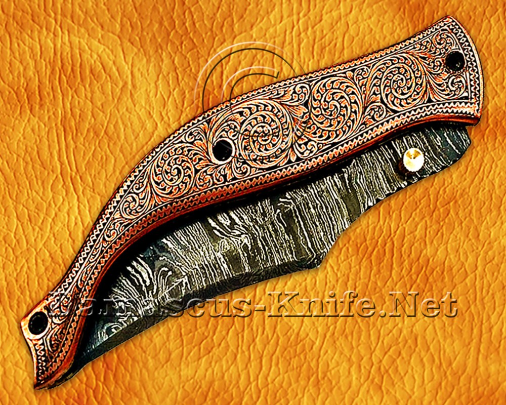 Personalized Engraved Damascus Folding Knife - Copper Handle - FK750