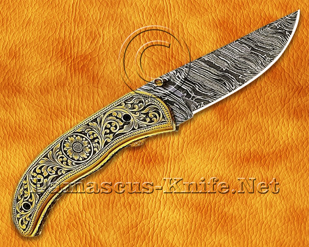 Personalized Engraved Damascus Steel Folding Knife - Brass Handle - FK751
