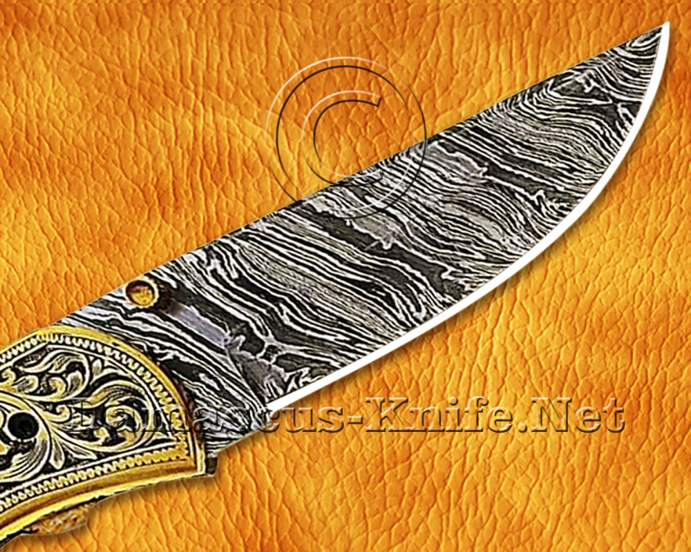 Personalized Engraved Damascus Steel Folding Knife - Brass Handle - FK751