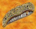 Hand Engraved Damascus Folding Artisan Implement - Brass Handle - FK751 Hand Engraved Damascus Folding Artisan Implement - Brass Handle - FK751