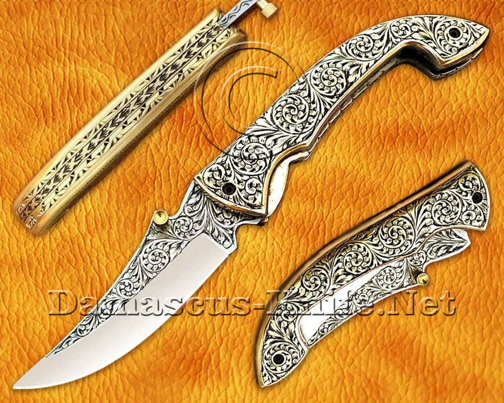 Personalized Hand Engraved Stainless Steel Arts and Crafts Pocket Folding Knife Brass Handle - DFK755
