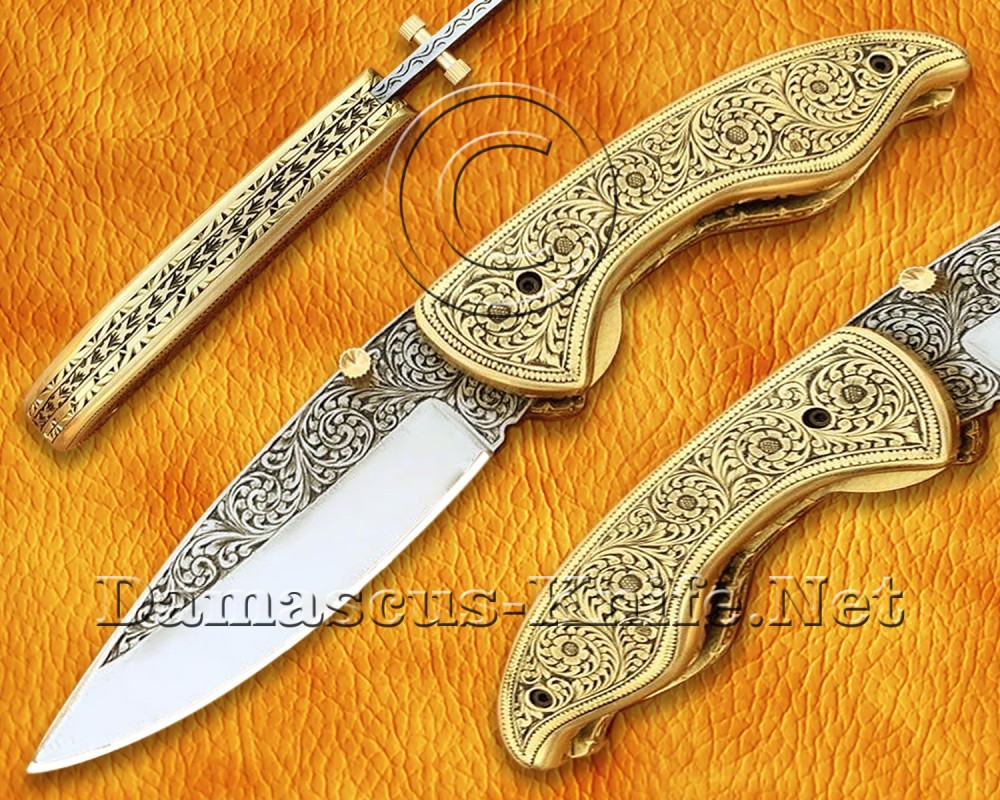 Personalized Hand Engraved Stainless Steel Arts and Crafts Pocket Folding Knife Brass Handle - DFK758