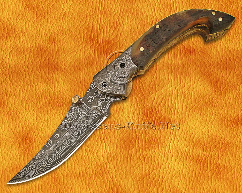 Custom Handmade Damascus Steel Folding Knife - Ram Horn - FK761