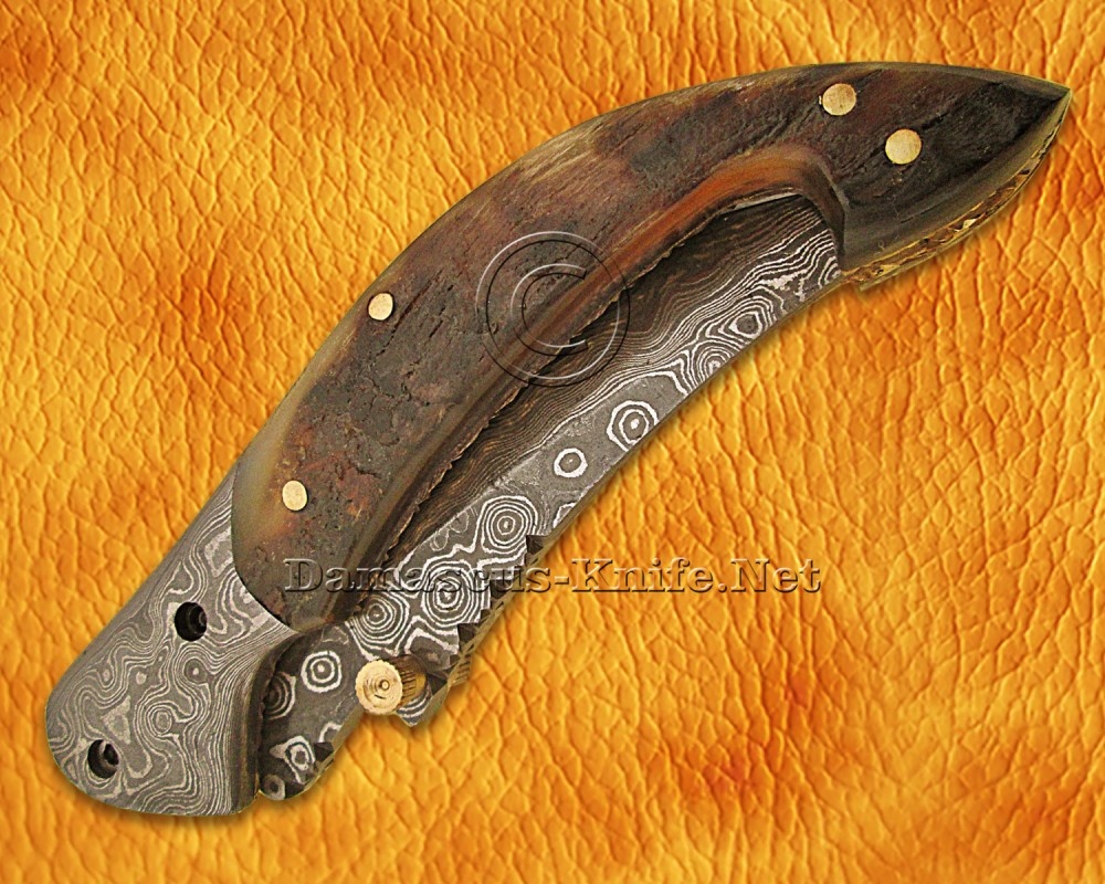 Custom Handmade Damascus Steel Folding Knife - Ram Horn - FK761