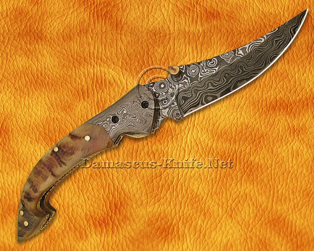 Personalized Handmade Damascus Steel Arts and Crafts Pocket Folding Knife Ram Horn Handle - DFK761 Personalized Handmade Damascus Steel Arts and Crafts Pocket Folding Knife Ram Horn Handle - DFK761