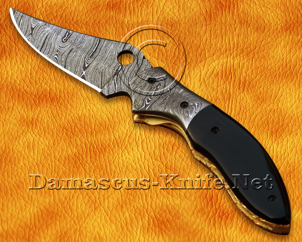 Custom Handmade Damascus Steel Folding Knife - Bull Horn - FK762