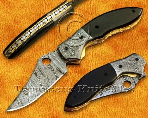 Custom Handmade Damascus Steel Folding Knife - Bull Horn Handle - DFK762
