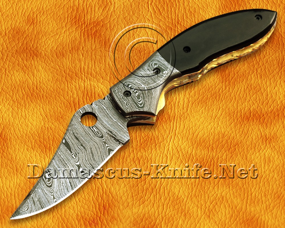 Personalized Handmade Damascus Steel Arts and Crafts Pocket Folding Knife Bull Horn Handle - DFK762