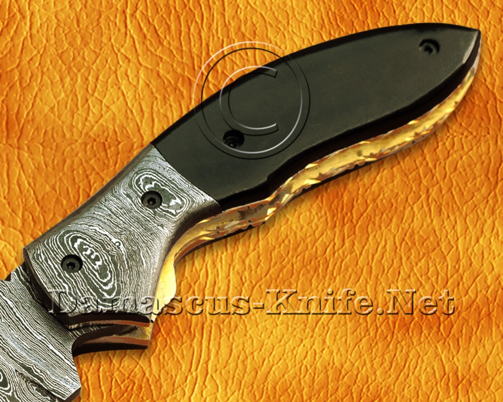 Personalized Handmade Damascus Steel Arts and Crafts Pocket Folding Knife Bull Horn Handle - DFK762