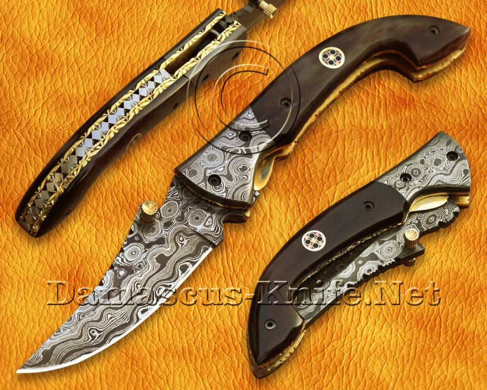 Personalized Handmade Damascus Steel Arts and Crafts Pocket Folding Knife Bone Handle - DFK763