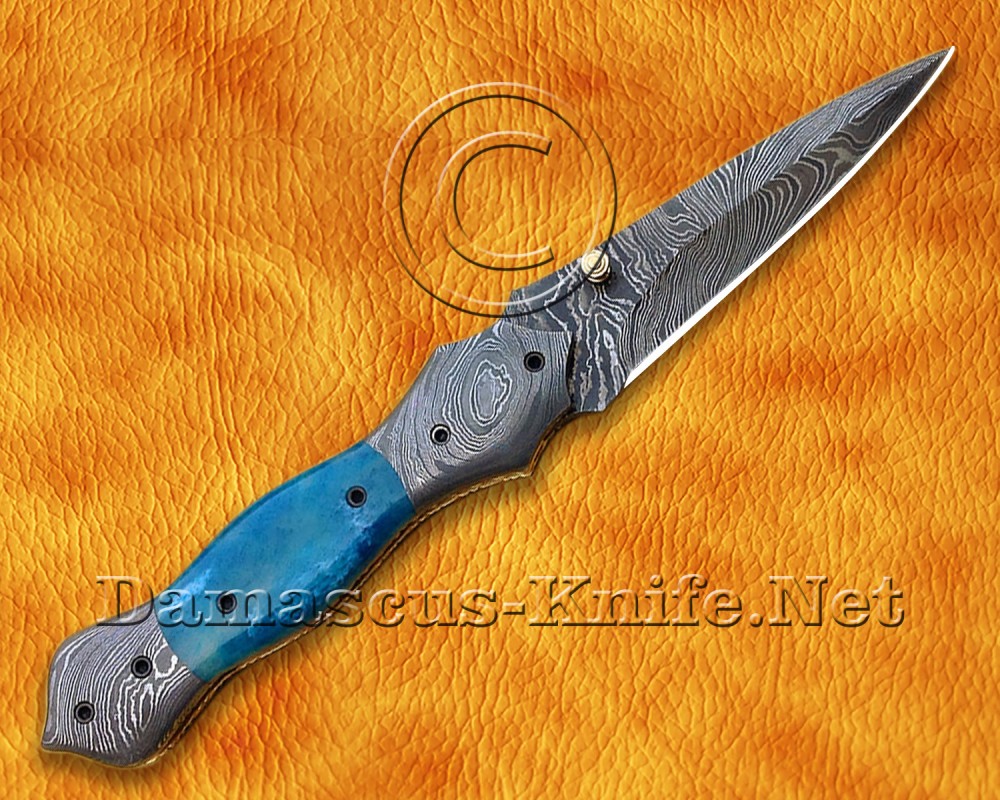 Custom Handmade Damascus Steel Folding Knife - Blue Bone - FK764