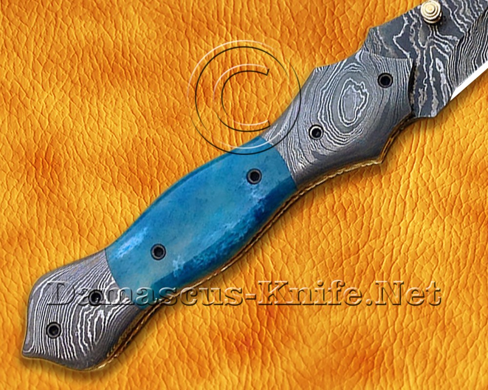 Custom Handmade Damascus Steel Folding Knife - Blue Bone - FK764