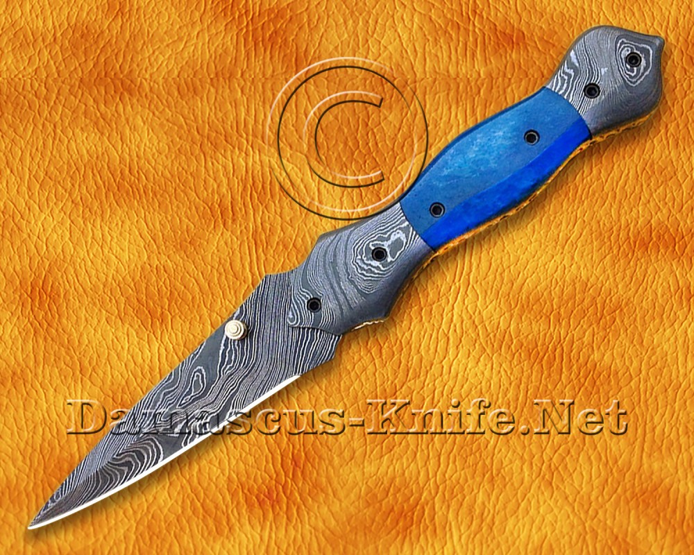 Custom Handmade Damascus Steel Folding Knife - Blue Bone - FK764