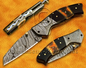 Custom Handmade Damascus Steel Folding Knife - Bull Horn Handle - DFK769