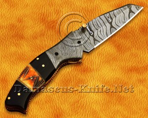 Personalized Handmade Damascus Steel Arts and Crafts Pocket Folding Knife Bull Horn Handle