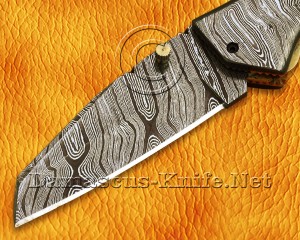 Personalized Handmade Damascus Steel Arts and Crafts Pocket Folding Knife Bull Horn Handle