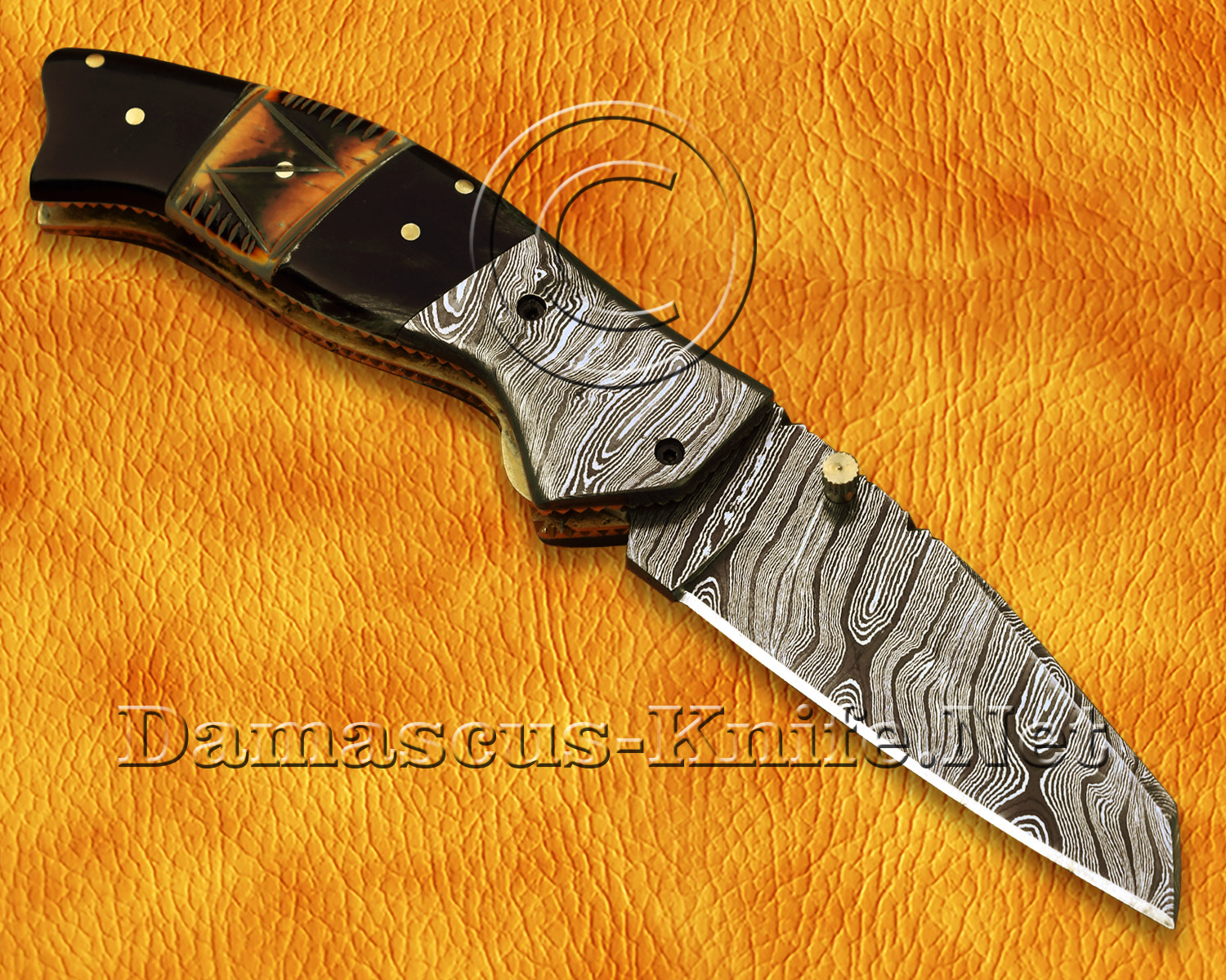 Personalized Handmade Damascus Steel Arts and Crafts Pocket Folding Knife Bull Horn Handle Personalized Handmade Damascus Steel Arts and Crafts Pocket Folding Knife Bull Horn Handle