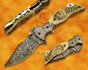 Personalized Scrimshaw Damascus Folding Knife - Bone Handle - FK770