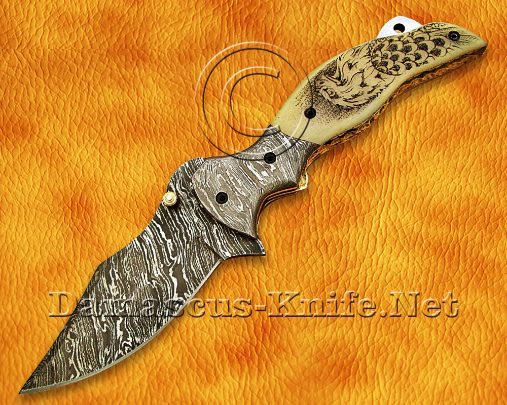 Personalized Scrimshaw Damascus Folding Knife - Bone Handle - FK770