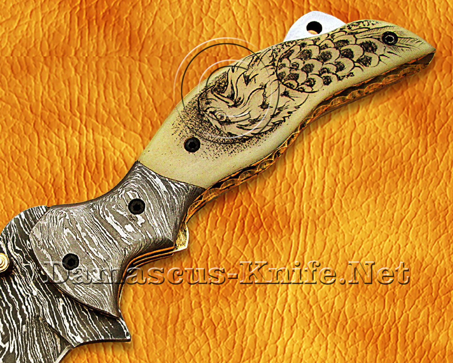 Personalized Scrimshaw Damascus Folding Knife - Bone Handle - FK770 Personalized Scrimshaw Damascus Folding Knife - Bone Handle - FK770